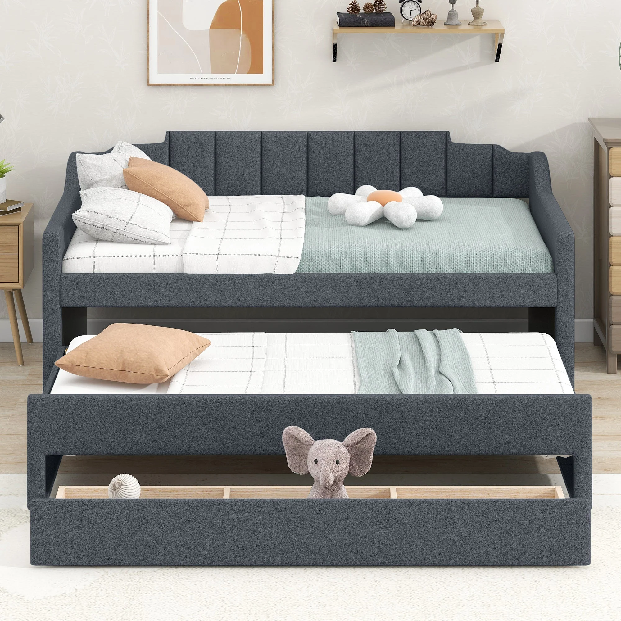 Twin Size Upholstered Daybed with Trundle and Three Drawers, Grey - Image 3