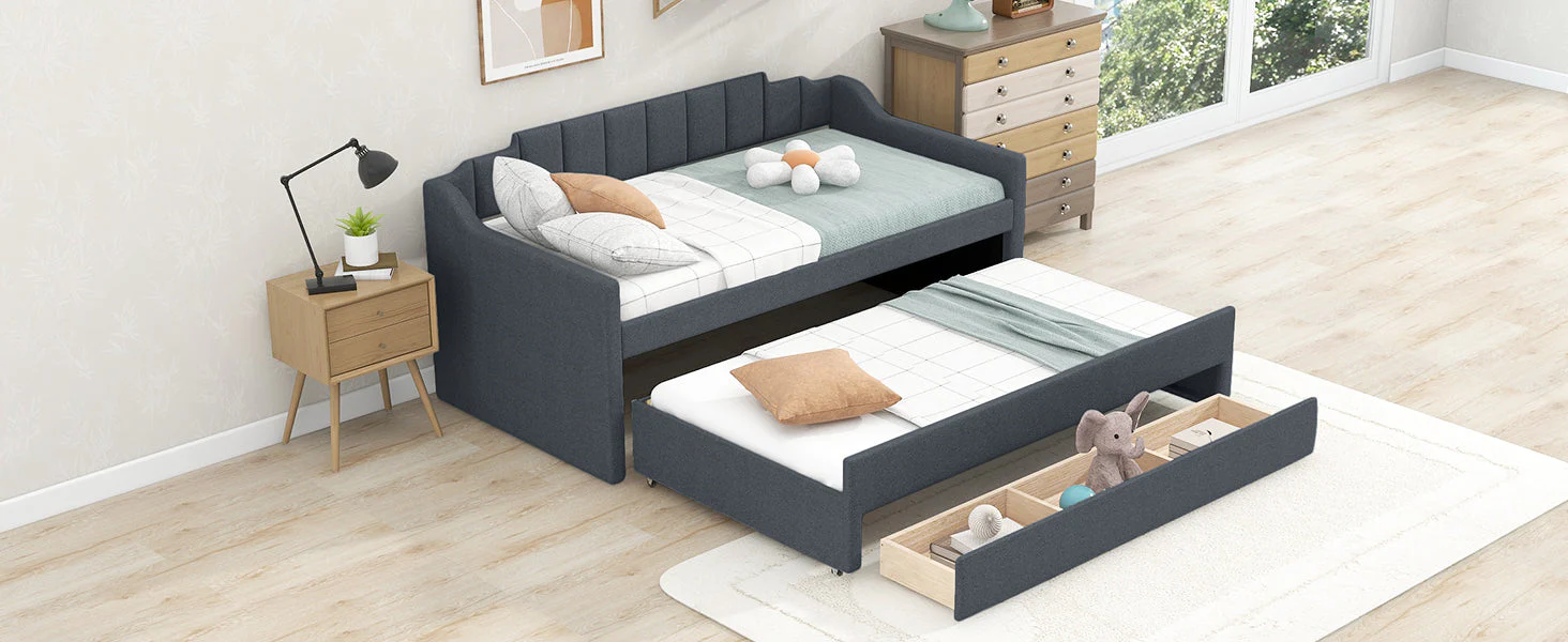 Twin Size Upholstered Daybed with Trundle and Three Drawers, Grey - Image 4