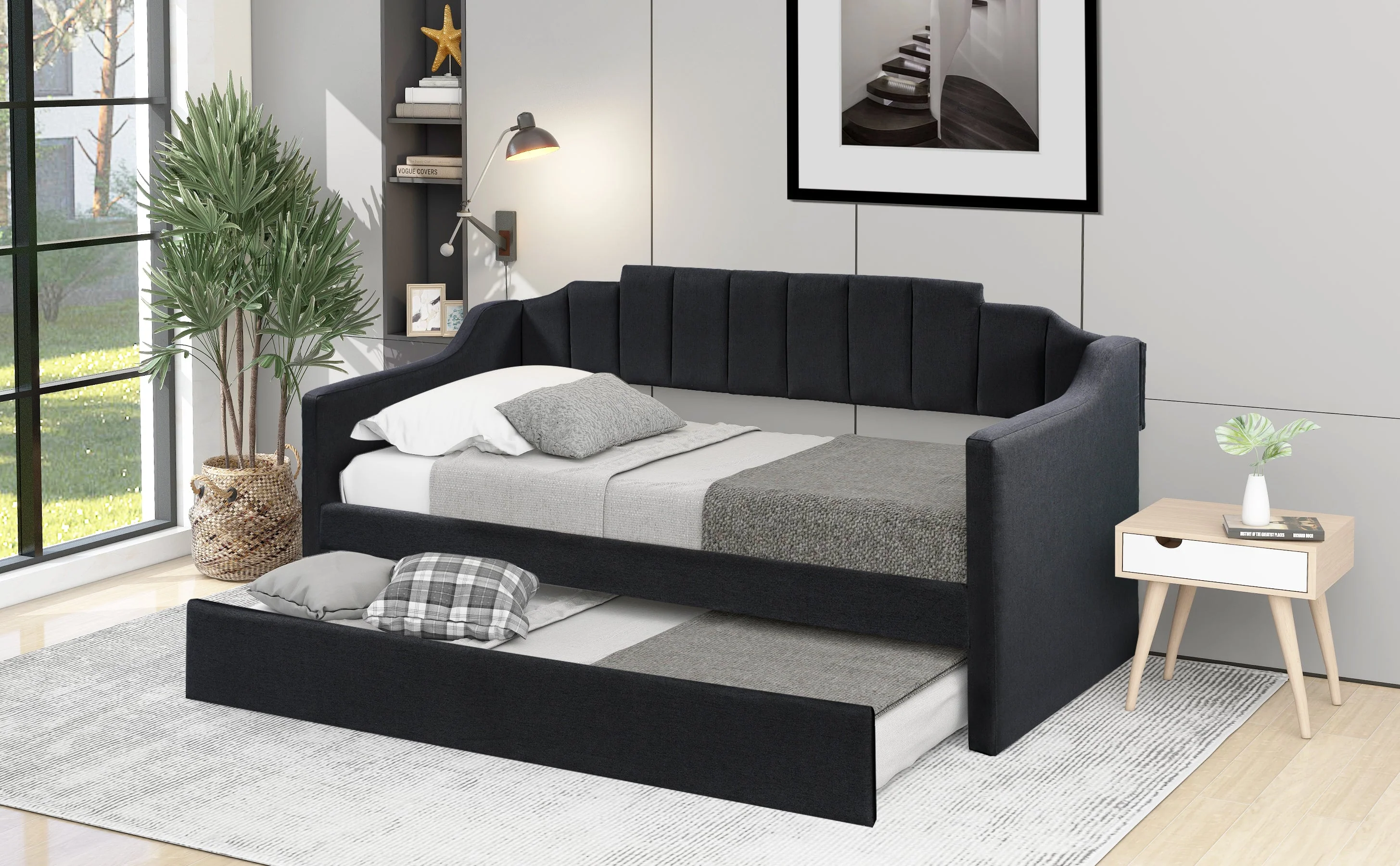 Upholstered Twin Daybed with Trundle, Black - Image 3