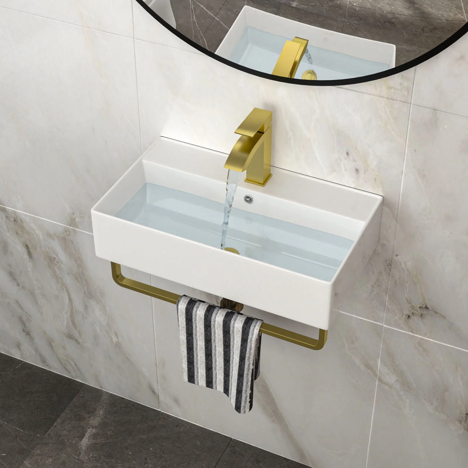 Wall Mounted Rectangular Bathroom Sink With Towel Bar by Couch - Image 3