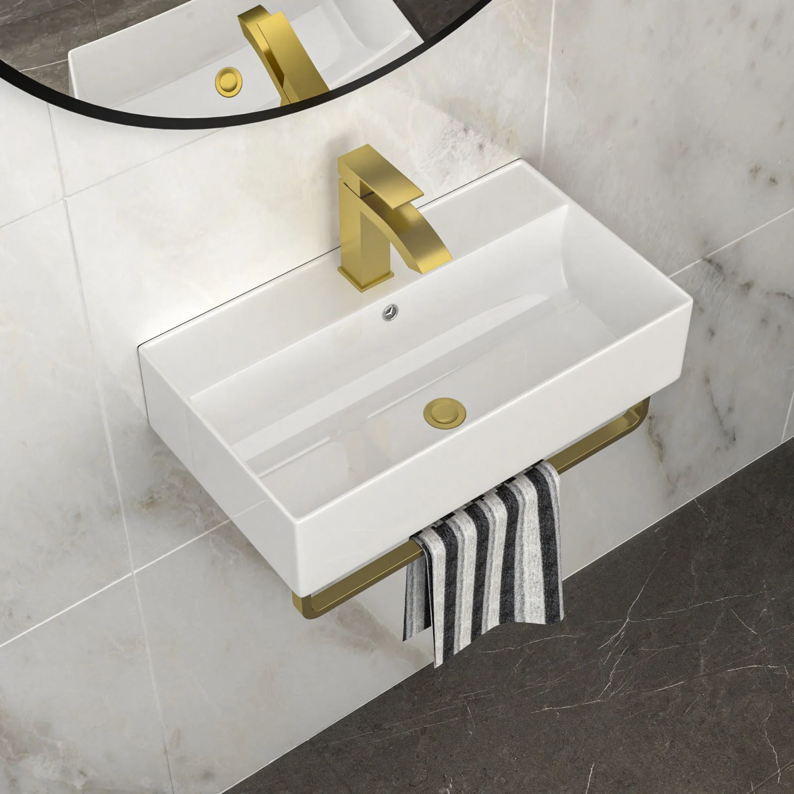 Wall Mounted Rectangular Bathroom Sink With Towel Bar by Couch - Image 5