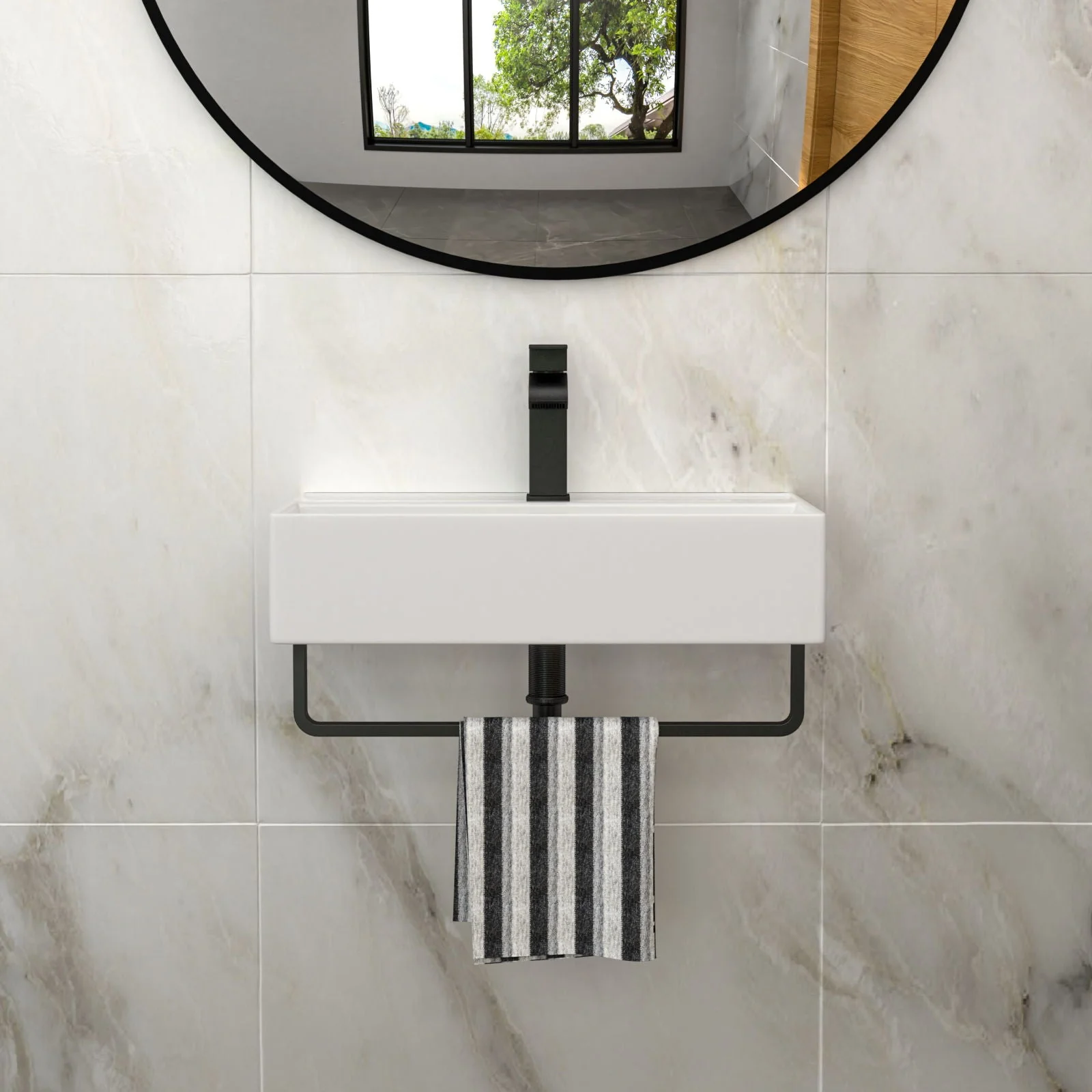 Wall Mounted Rectangular Bathroom Sink With Towel Bar by Couch - Image 7