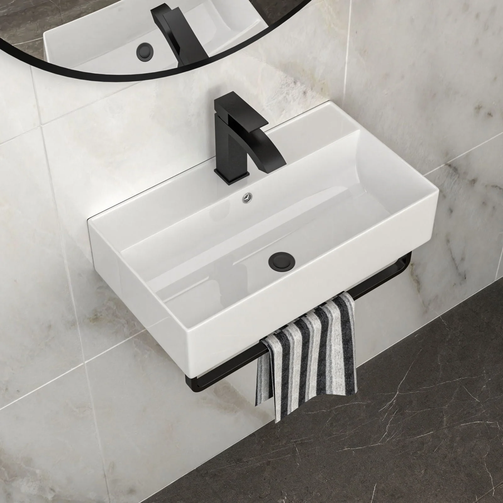 Wall Mounted Rectangular Bathroom Sink With Towel Bar by Couch - Image 8
