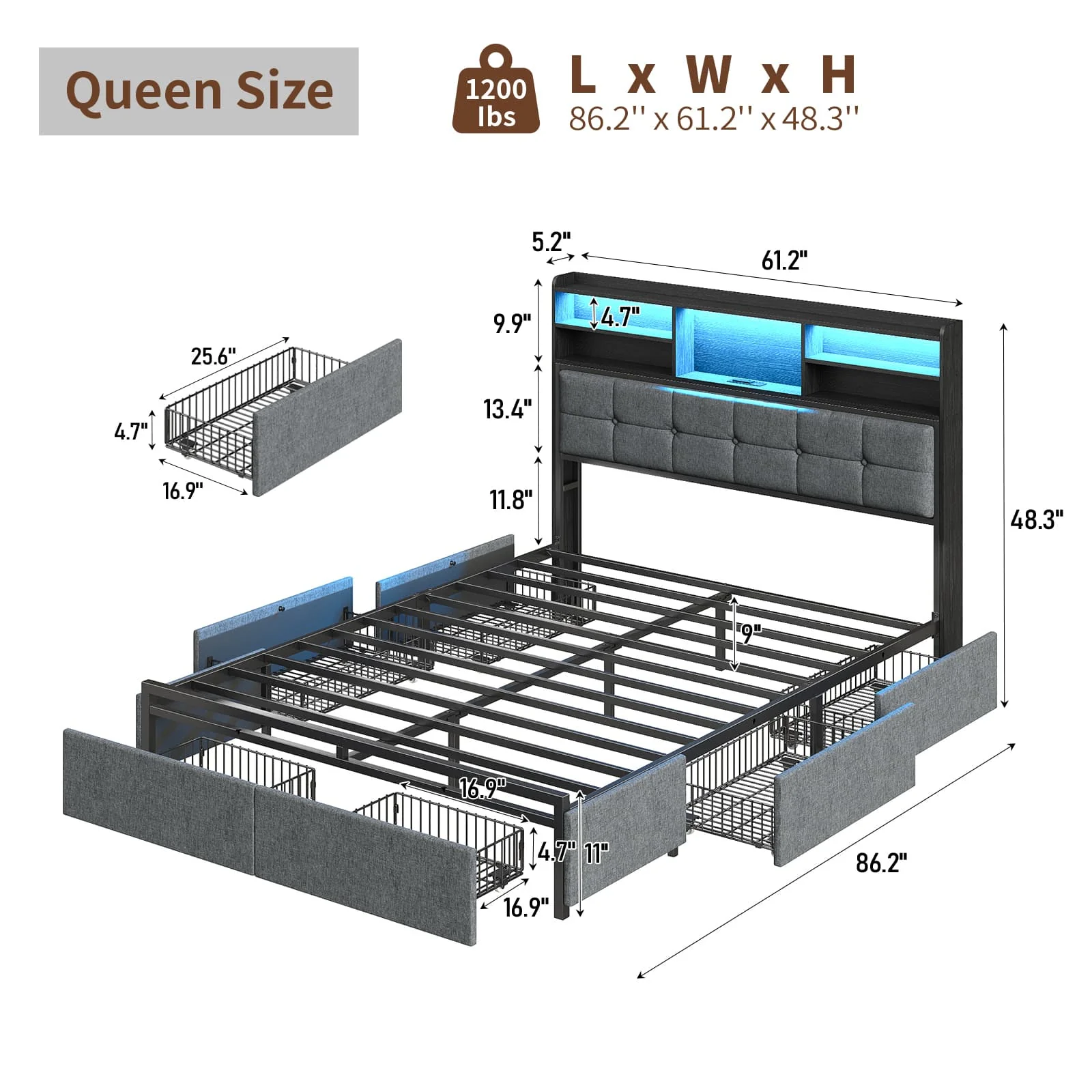 Bed Frame with 6 Drawers, USB Charging, LED Headboard - Image 3