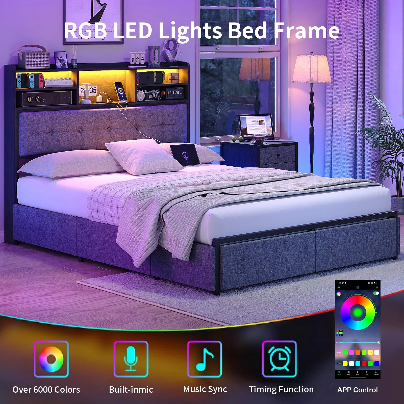 Bed Frame with 6 Drawers, USB Charging, LED Headboard - Image 5