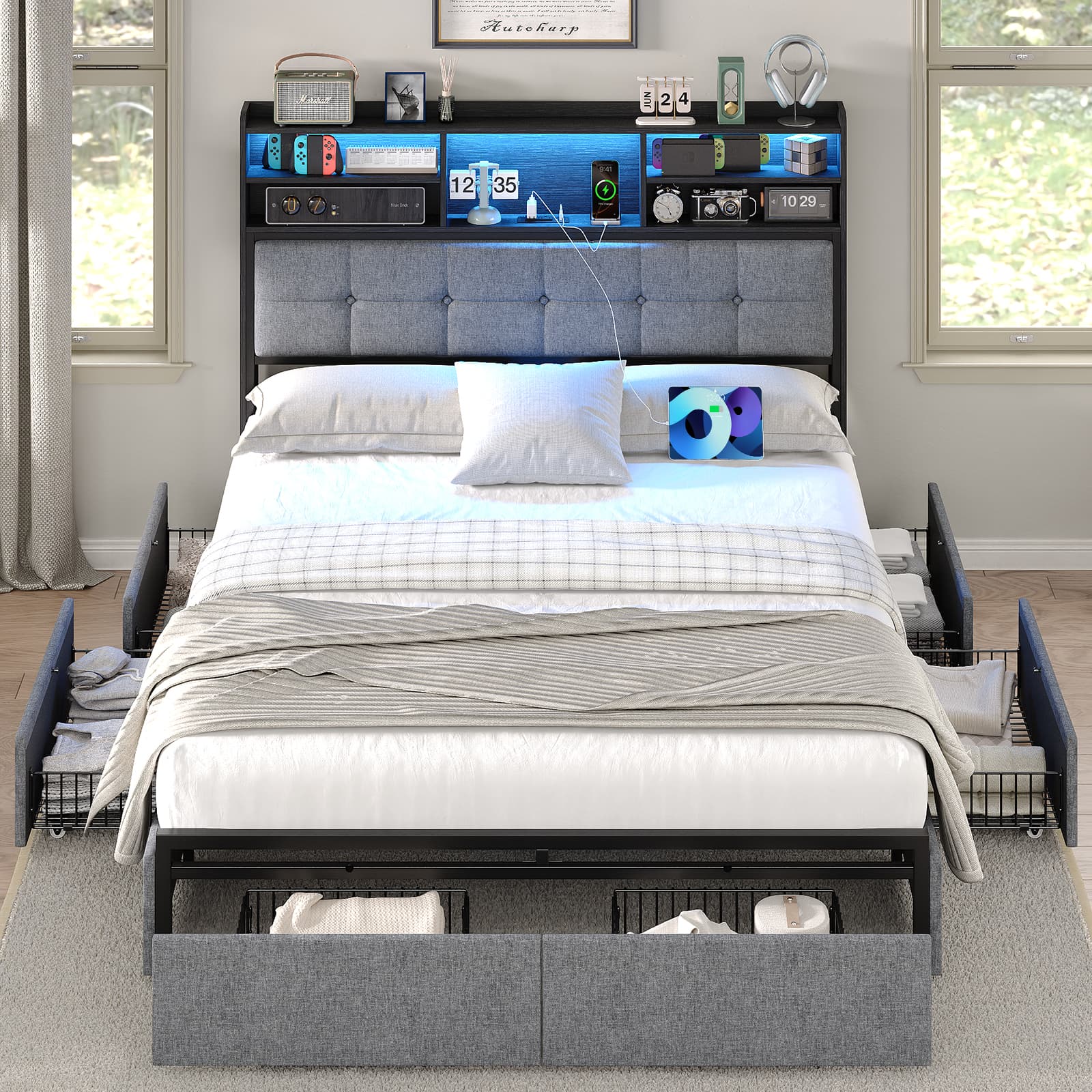 Bed Frame with 6 Drawers, USB Charging, LED Headboard - Image 7