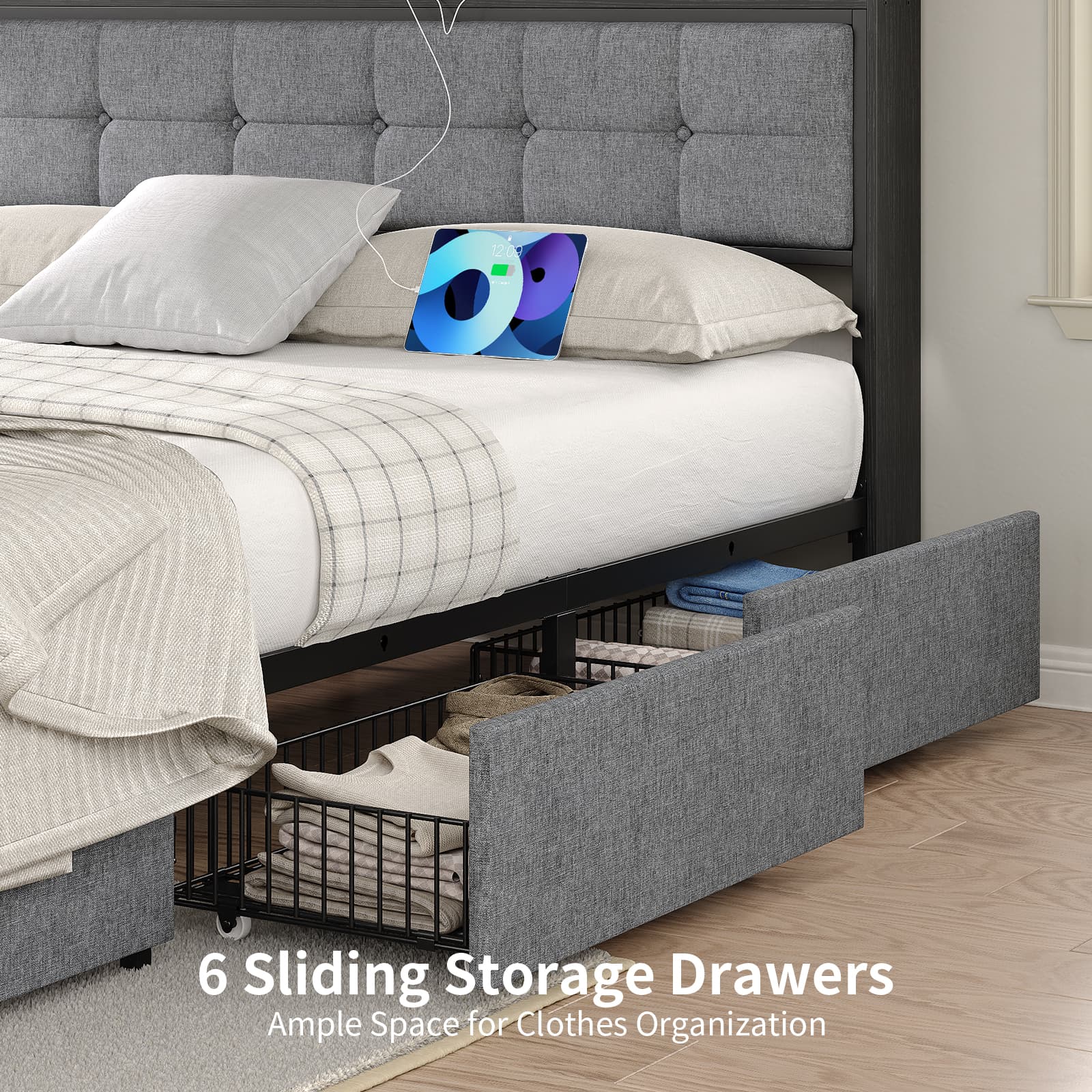 Bed Frame with 6 Drawers, USB Charging, LED Headboard - Image 8