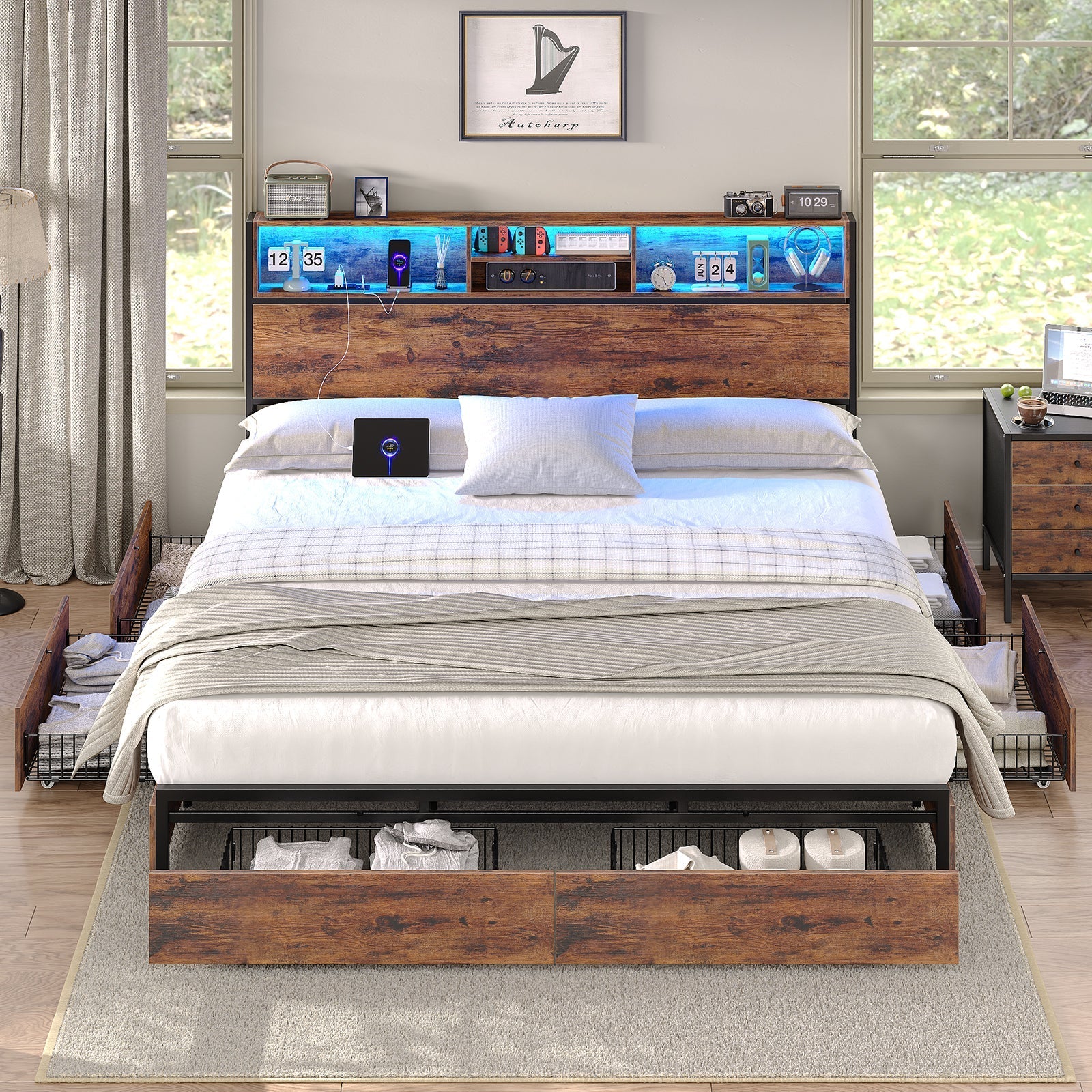 Bed Frame with LED Headboard, Charging Ports - Image 7