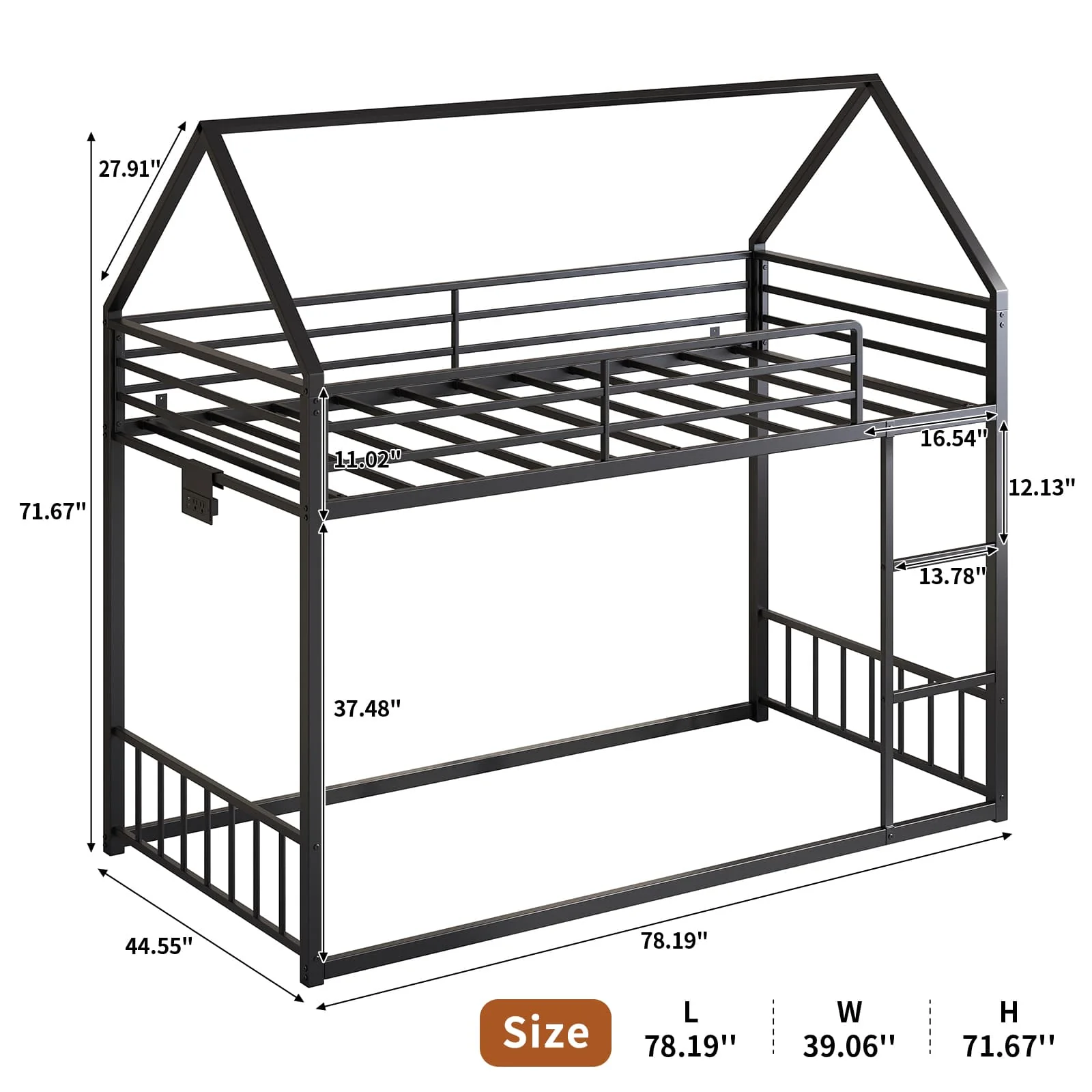 Twin Bunk Bed Frame with Charging Station & RGB LED, with Ladder - Image 3