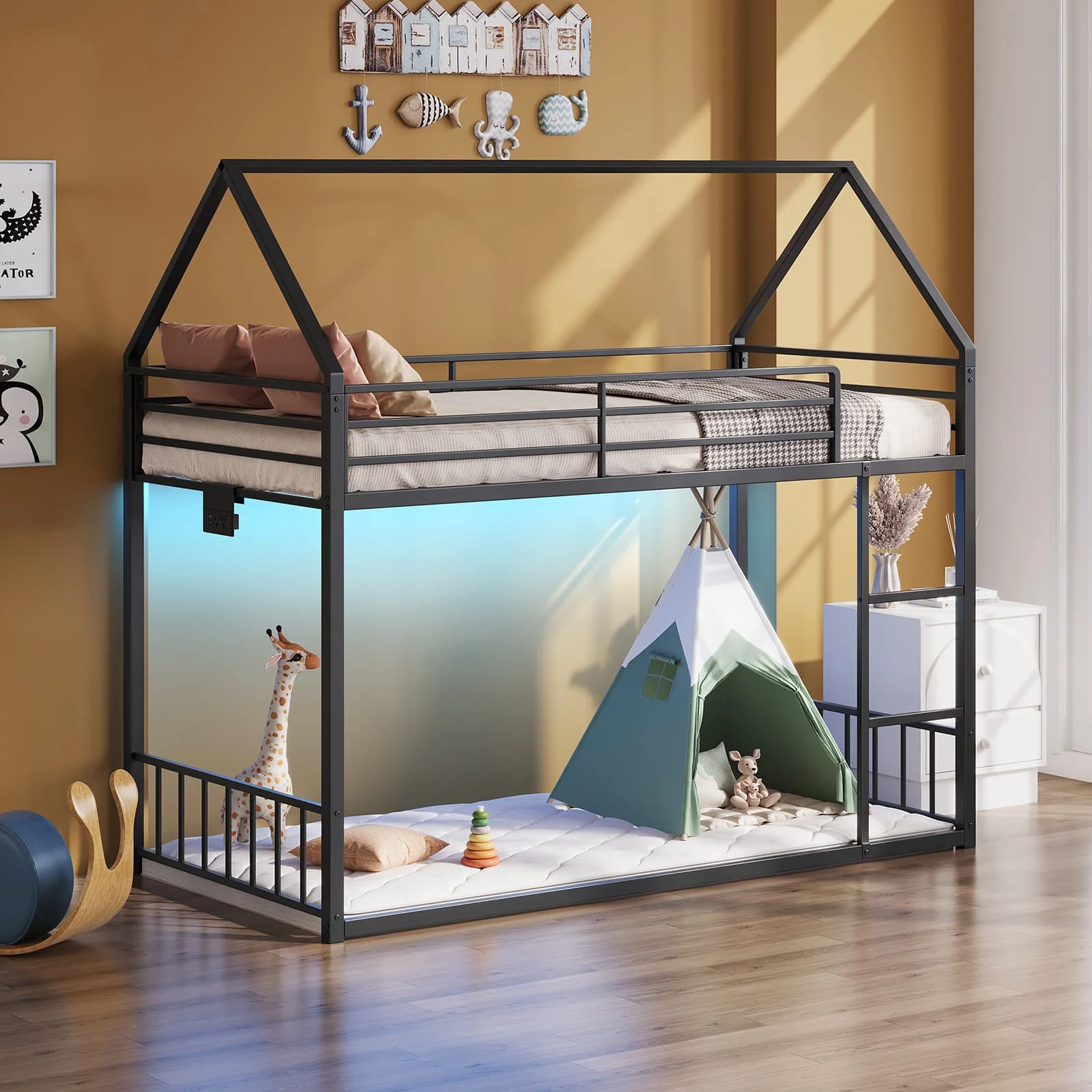 Twin Bunk Bed Frame with Charging Station & RGB LED, with Ladder - Image 4