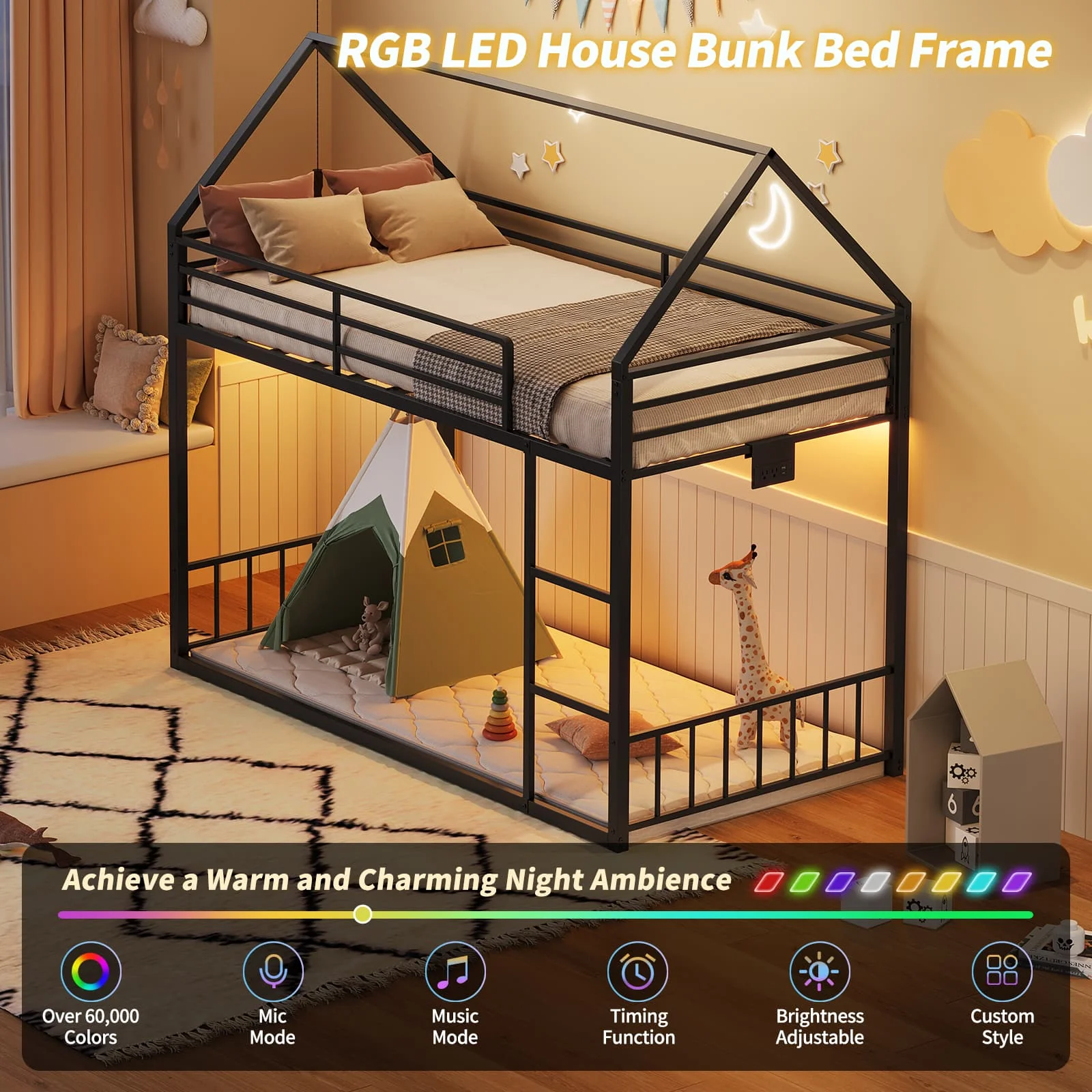 Twin Bunk Bed Frame with Charging Station & RGB LED, with Ladder - Image 5