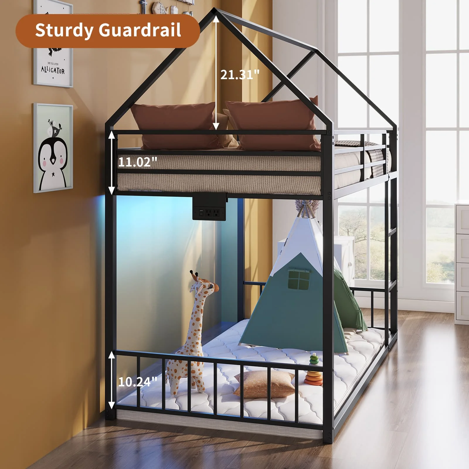 Twin Bunk Bed Frame with Charging Station & RGB LED, with Ladder - Image 6