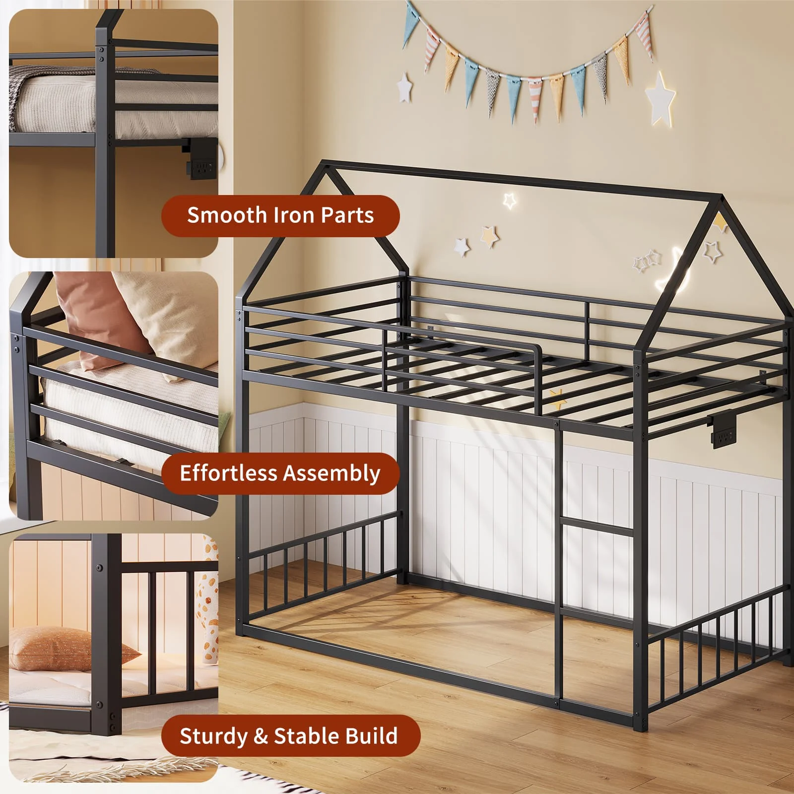 Twin Bunk Bed Frame with Charging Station & RGB LED, with Ladder - Image 7