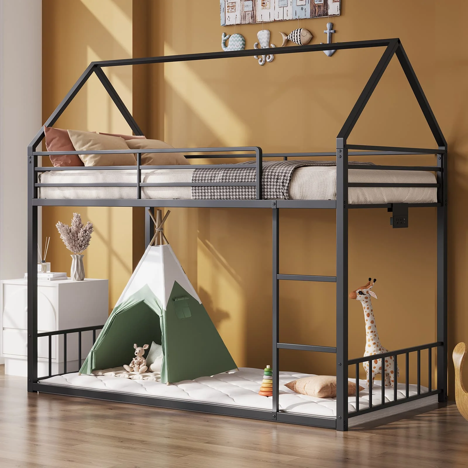 Twin Bunk Bed Frame with Charging Station & RGB LED, with Ladder - Image 9