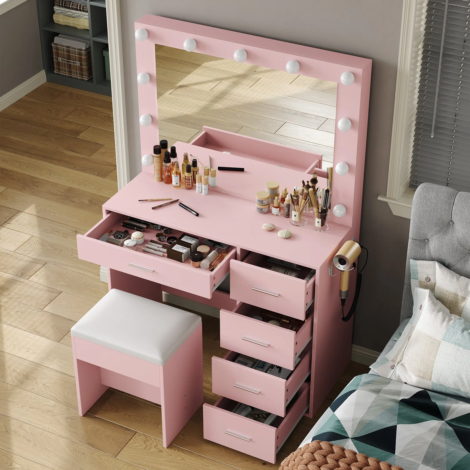 Makeup Vanity desk with LED Mirror, 5 Drawers - Image 25