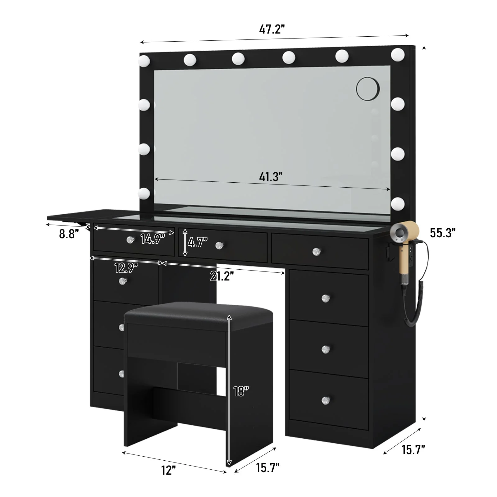 Makeup Vanity desk with LED Mirror, 9 Drawers - Image 15
