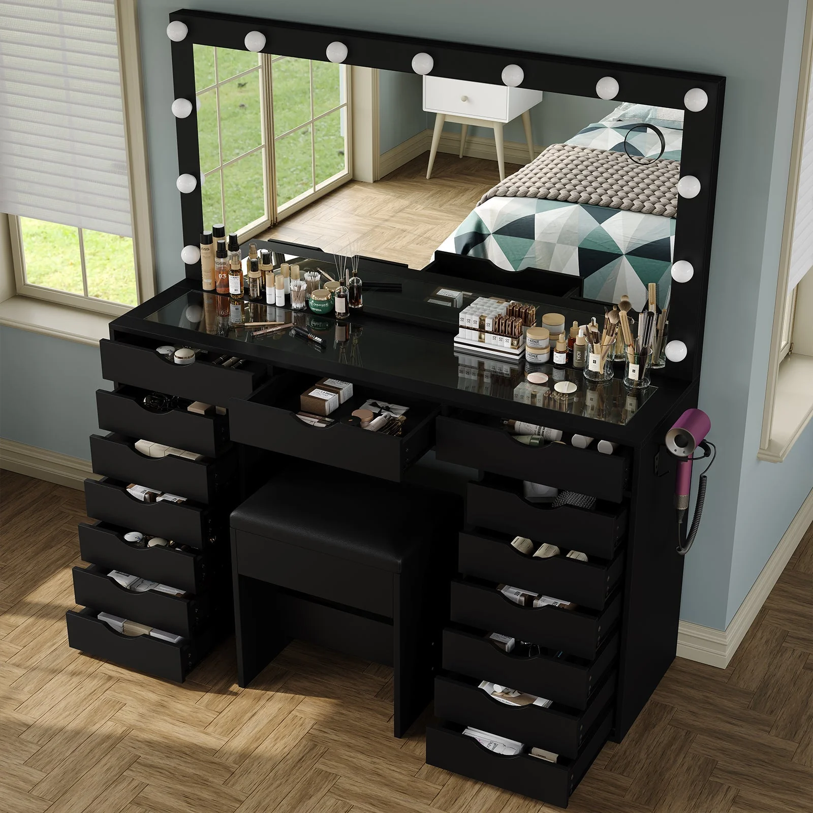 Makeup Vanity desk with LED Mirro, 15 Drawers - Image 15