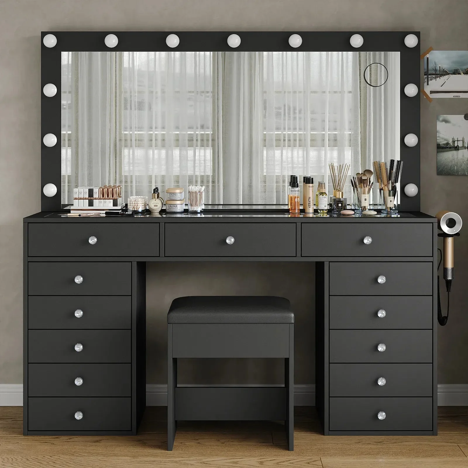 Makeup Vanity desk with LED Mirror, 13 Drawers - Image 12