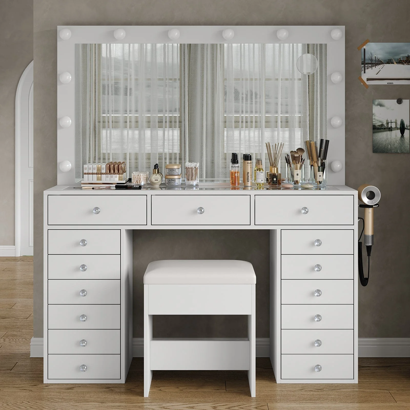 Makeup Vanity desk with LED Mirror, 15 Drawers - Image 11